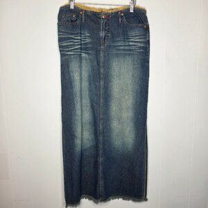 Paris Blues Womens Denim Frayed Whiskered Faded Maxi Skirt Size 9 Y2K Grunge